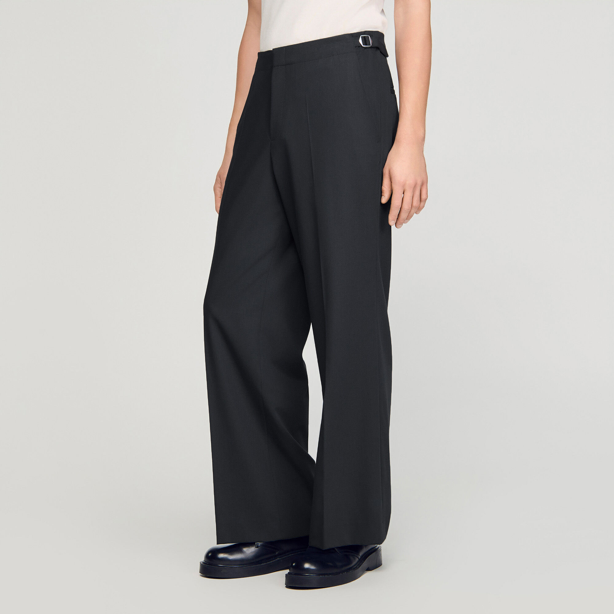 Wide-leg wool trousers with buckles