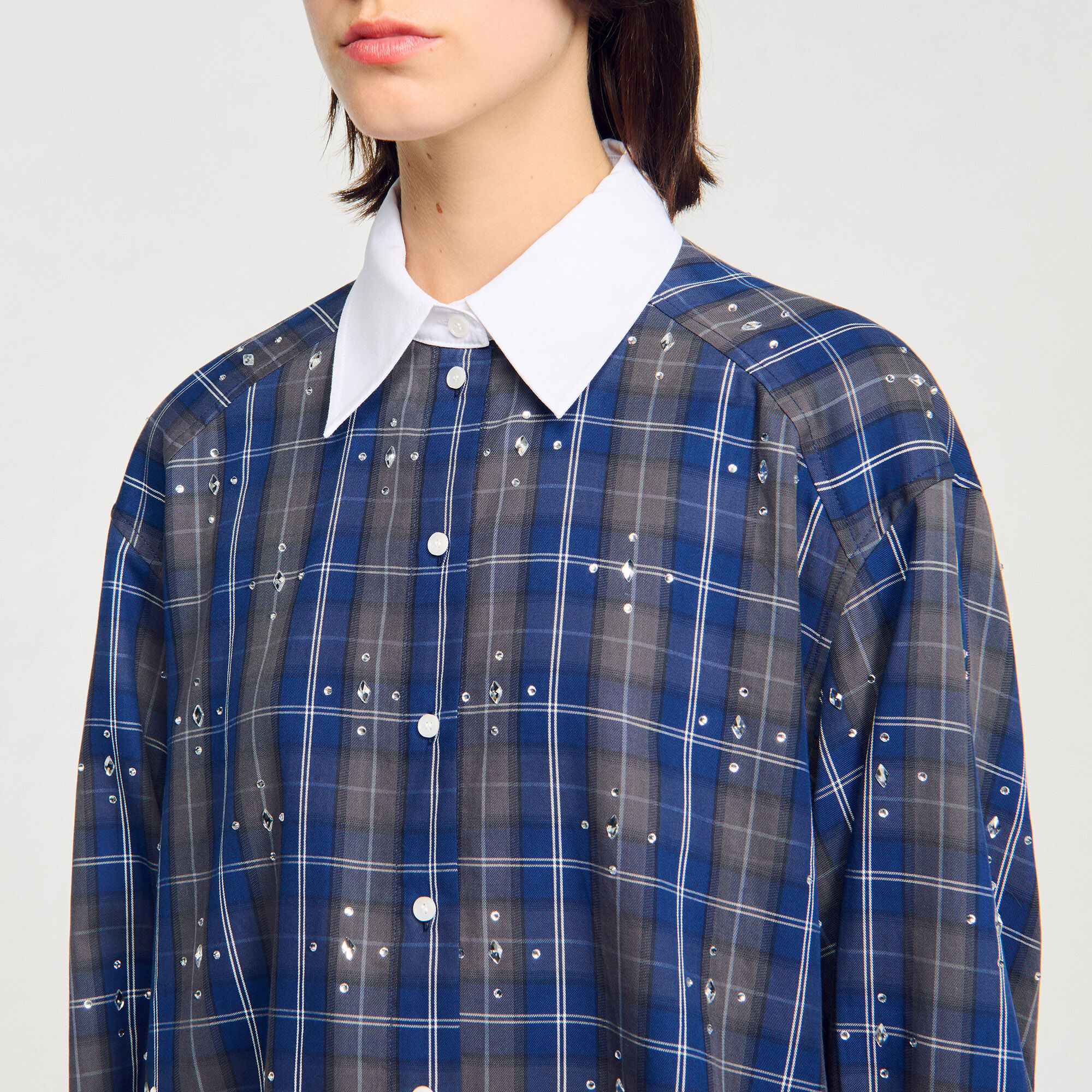 Rhinestone checkered collar shirt
