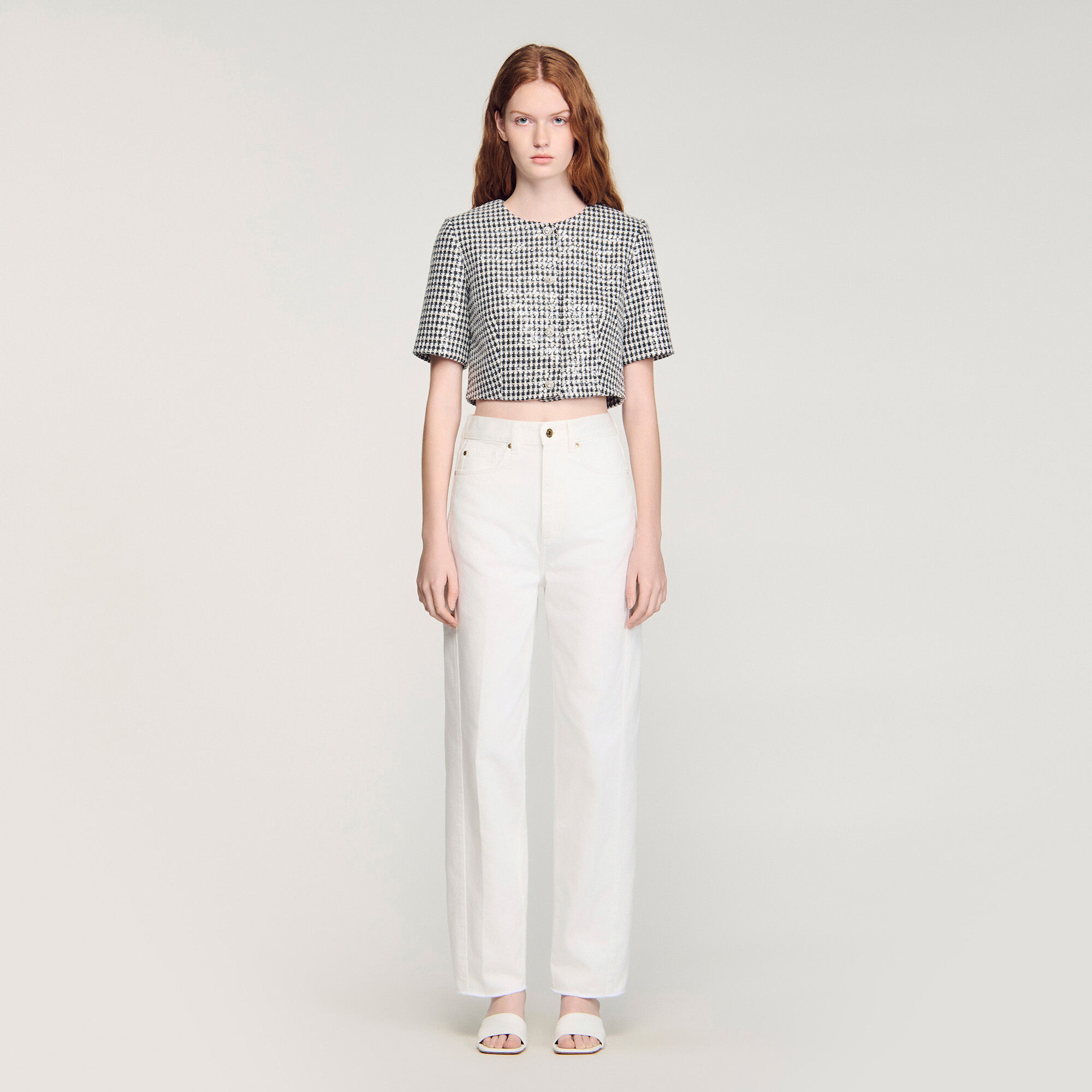 Cropped houndstooth tweed top