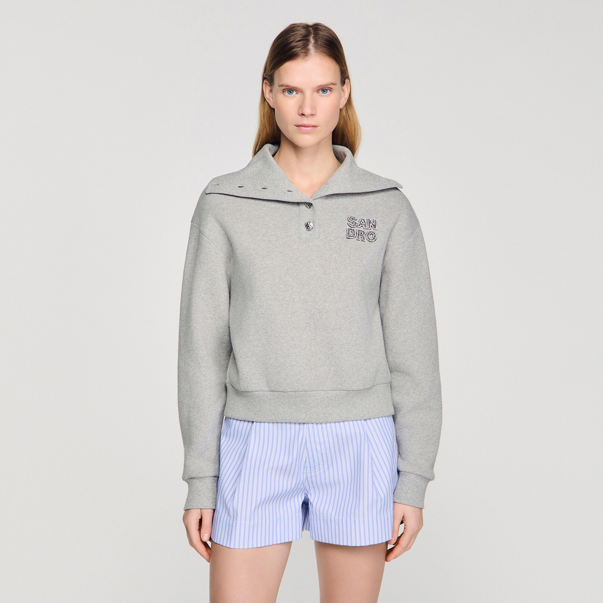 Embroidered split neck sweatshirt
