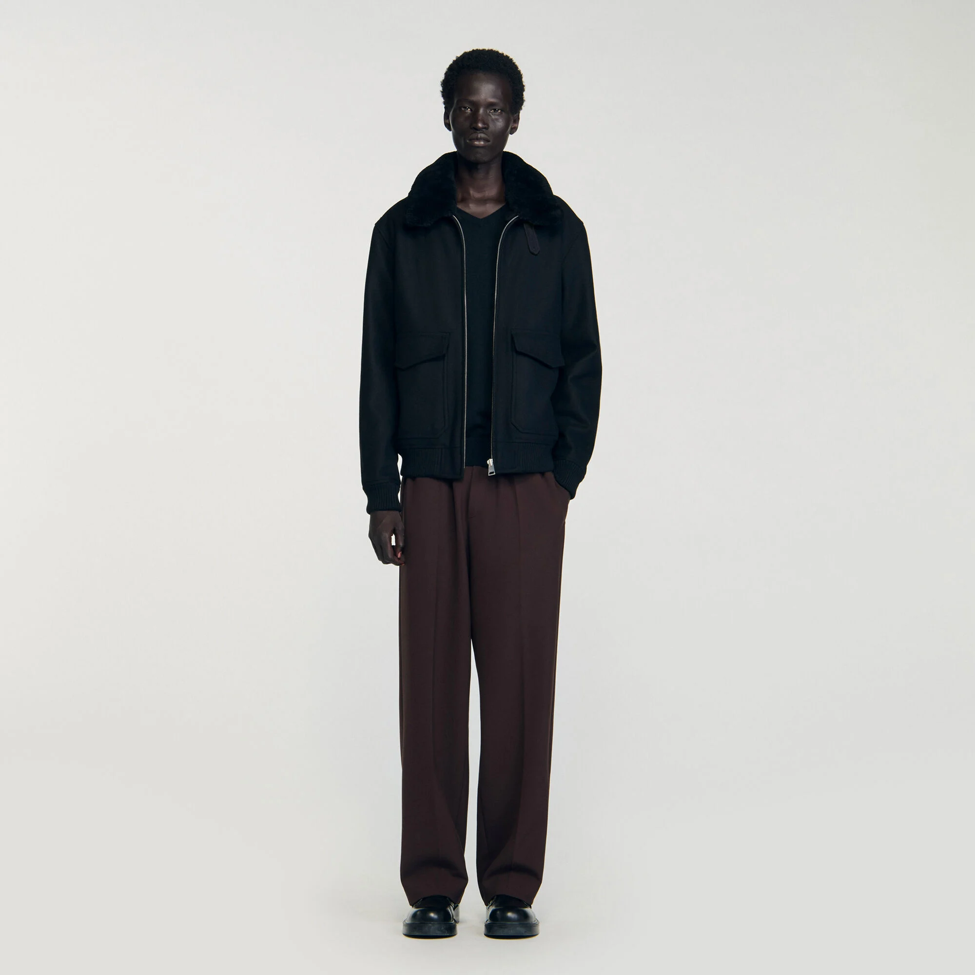 Wool aviator jacket with shearling