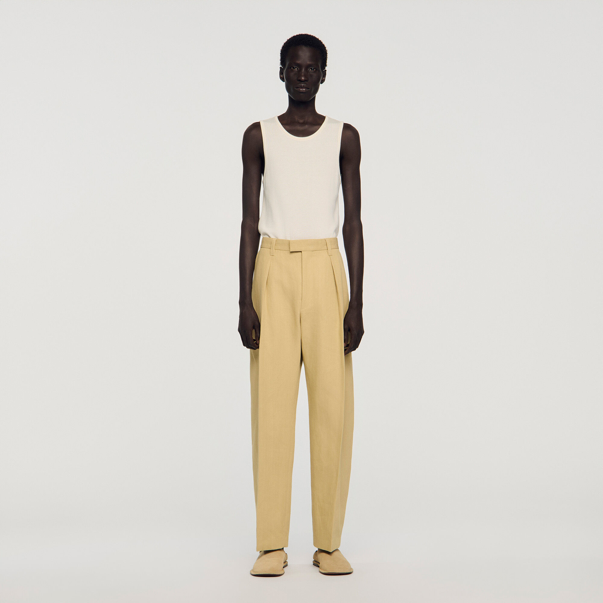 Wide pleated cotton-linen trousers