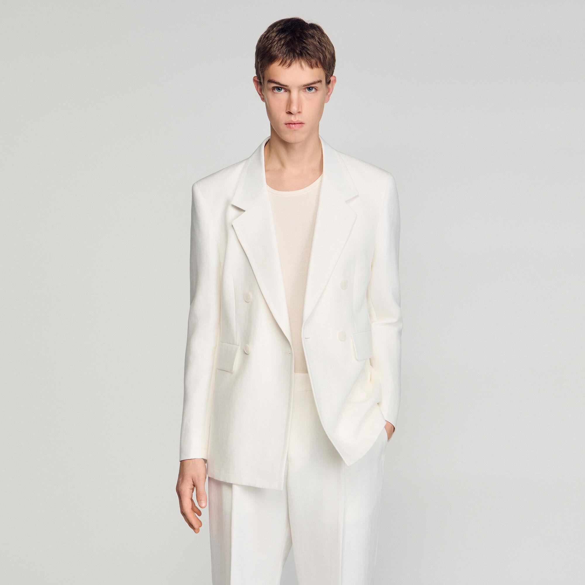 Double-breasted linen suit jacket
