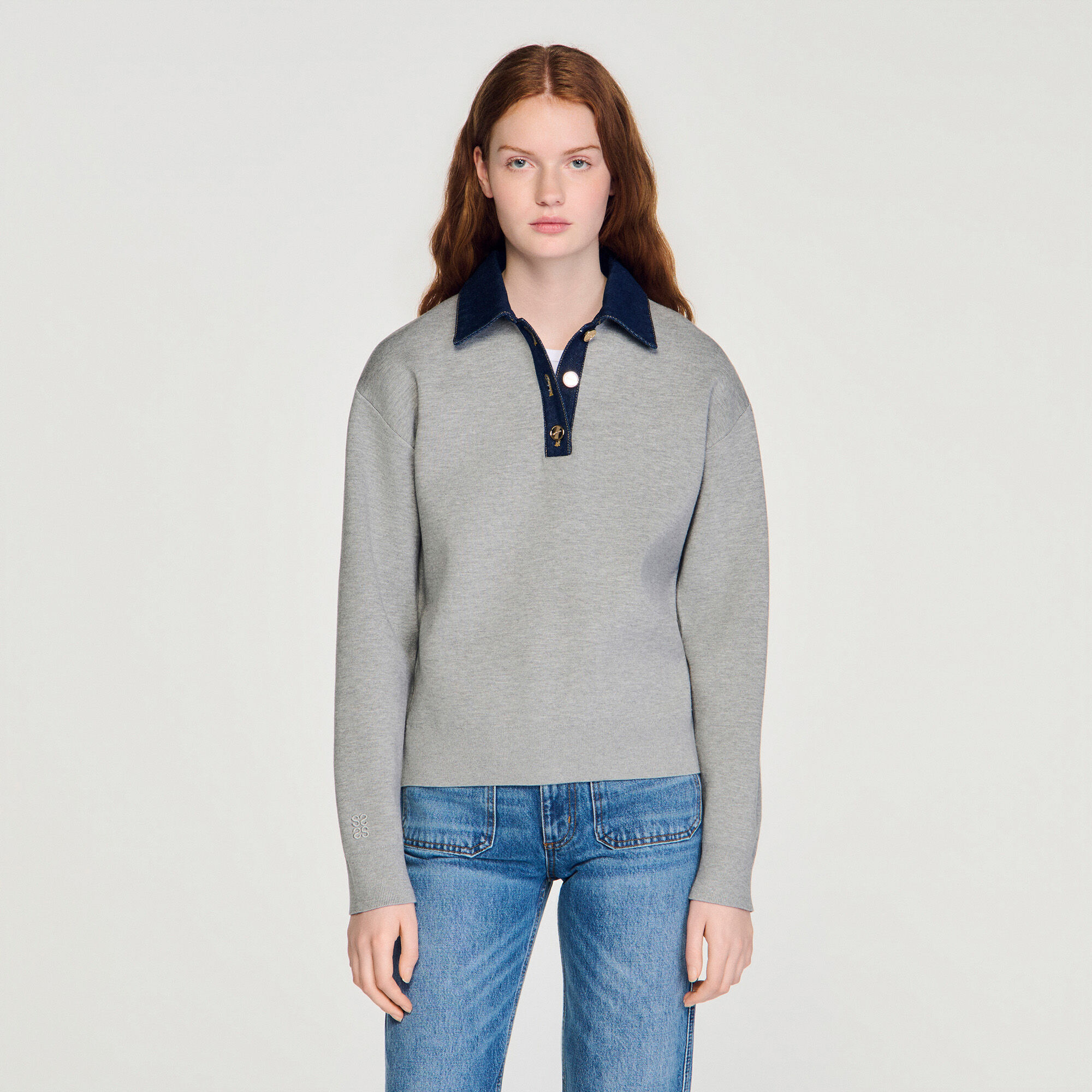 Sweater with denim collar
