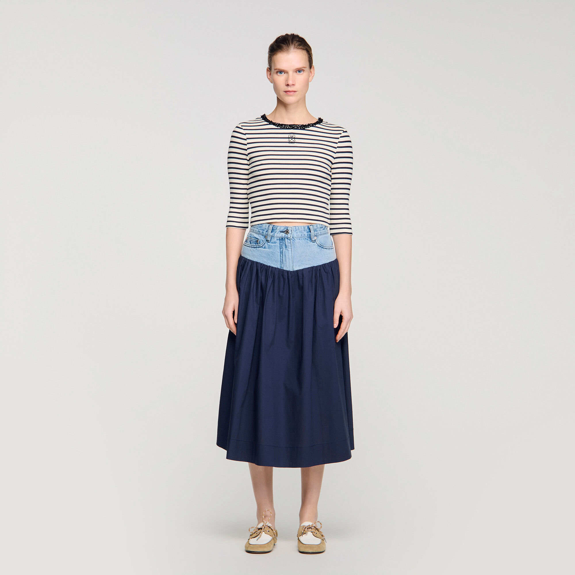 Short striped tee with beaded collar