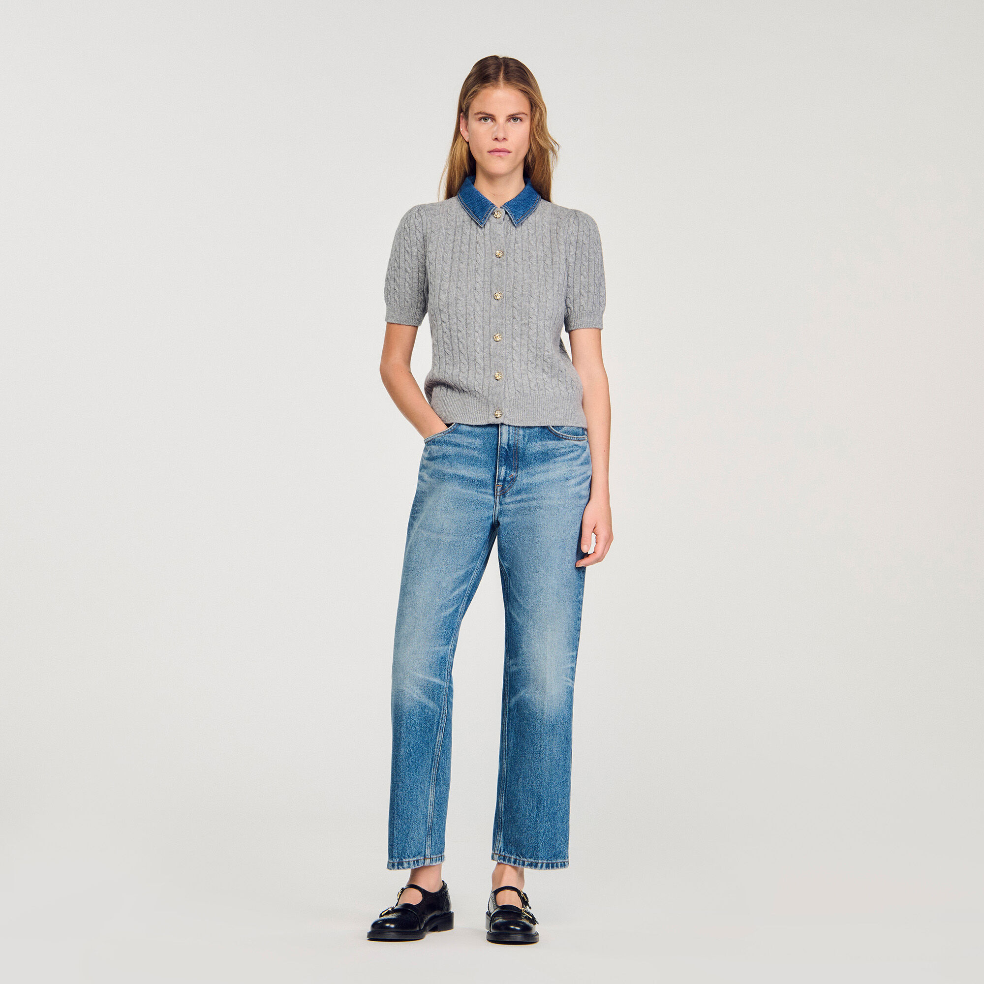 Cardigan with detachable denim collar