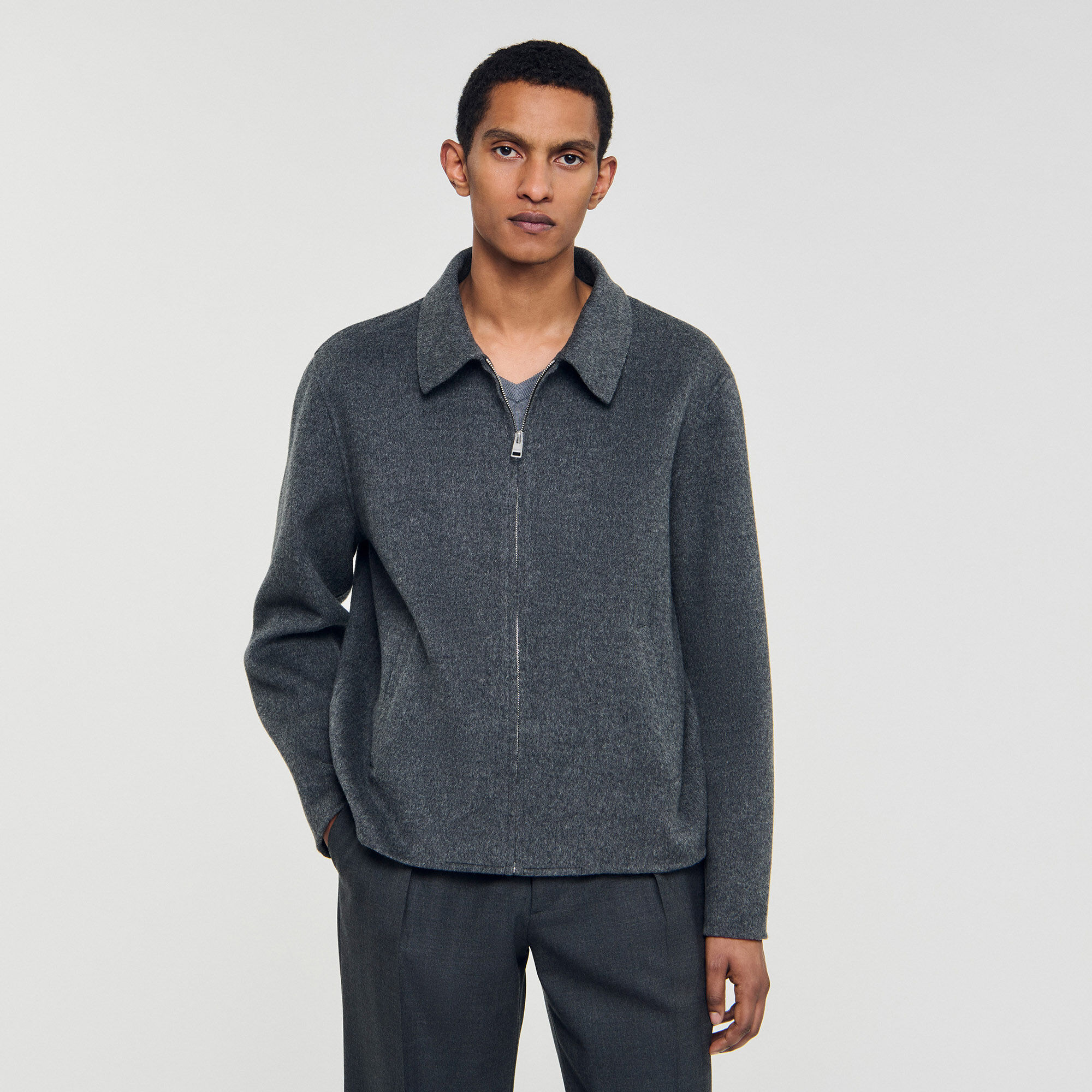 Double-faced wool zip-up jacket