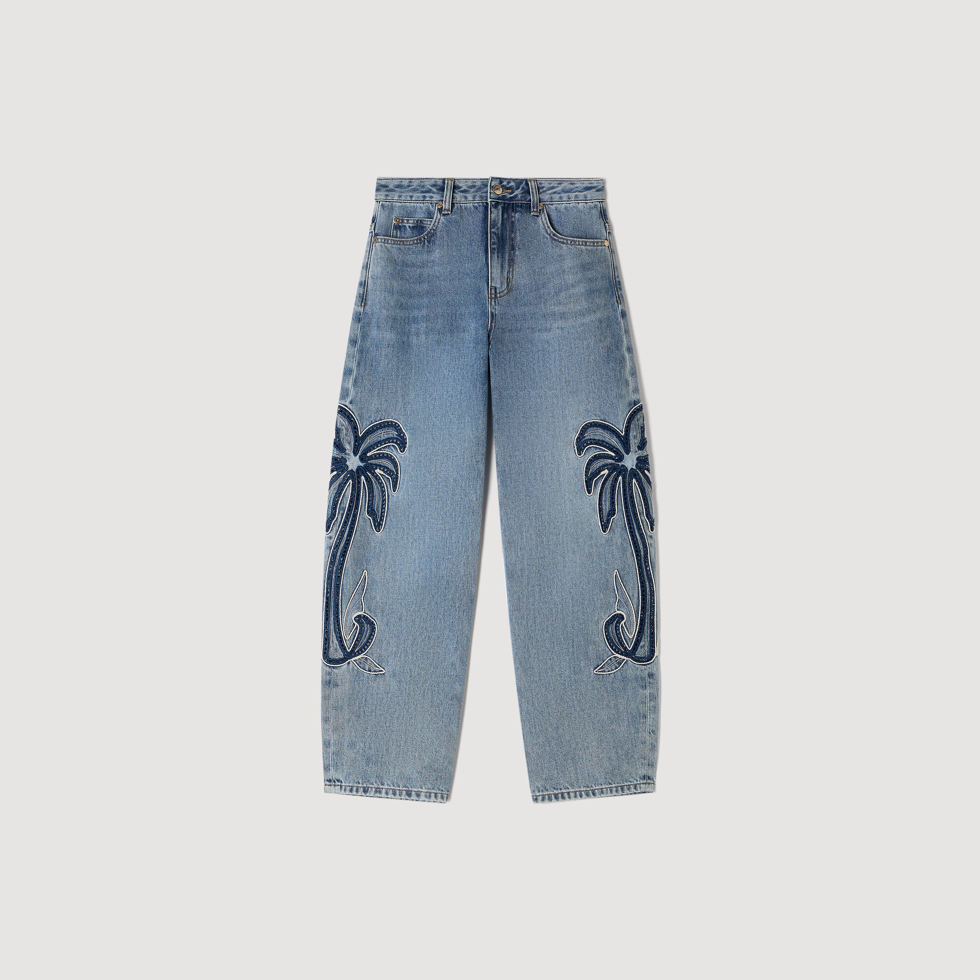 Palm-embroidered wide barrel jeans