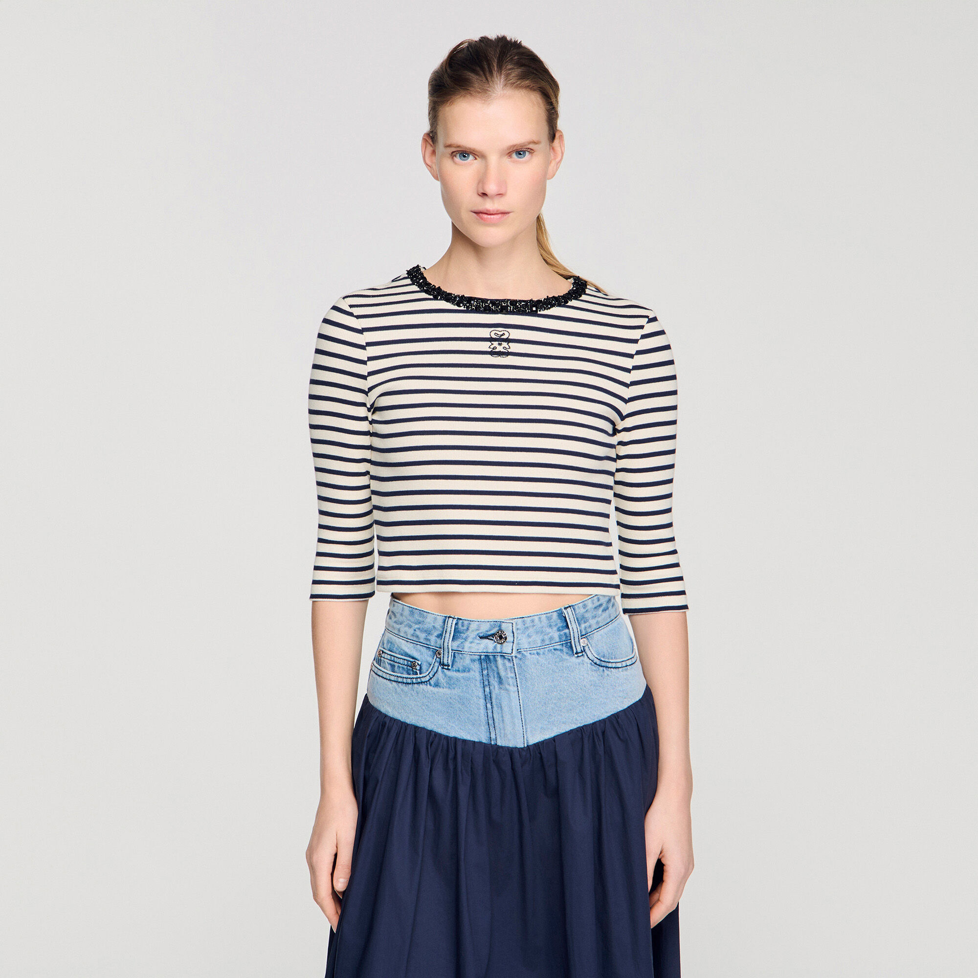 Short striped tee with beaded collar