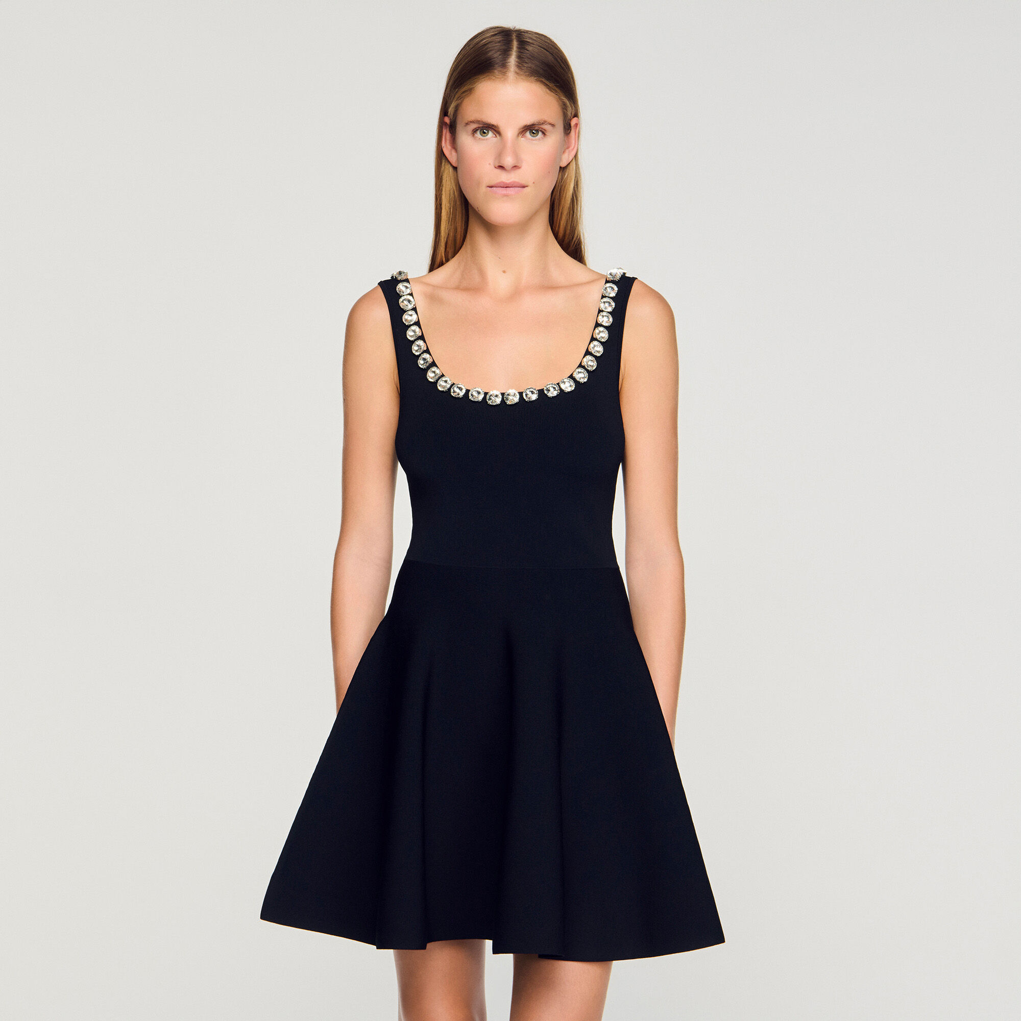 Mini dress with rhinestone neck