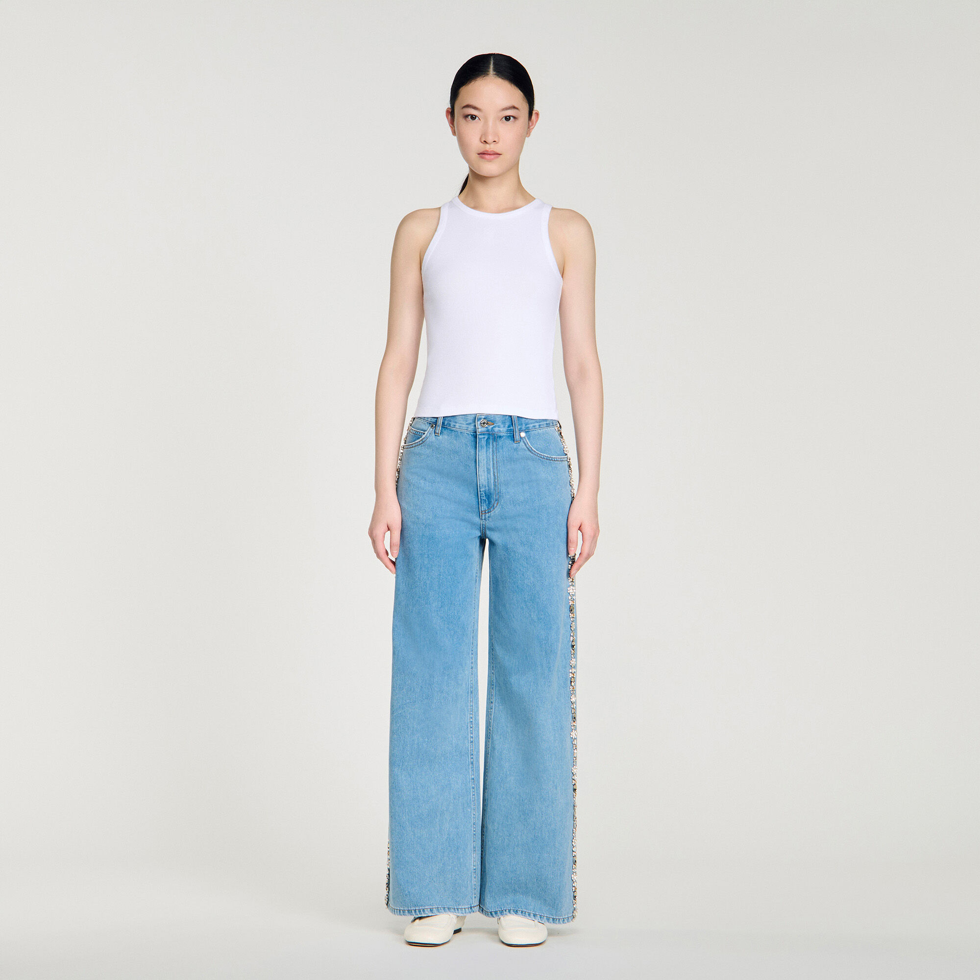 Faded straight-leg rhinestone jeans