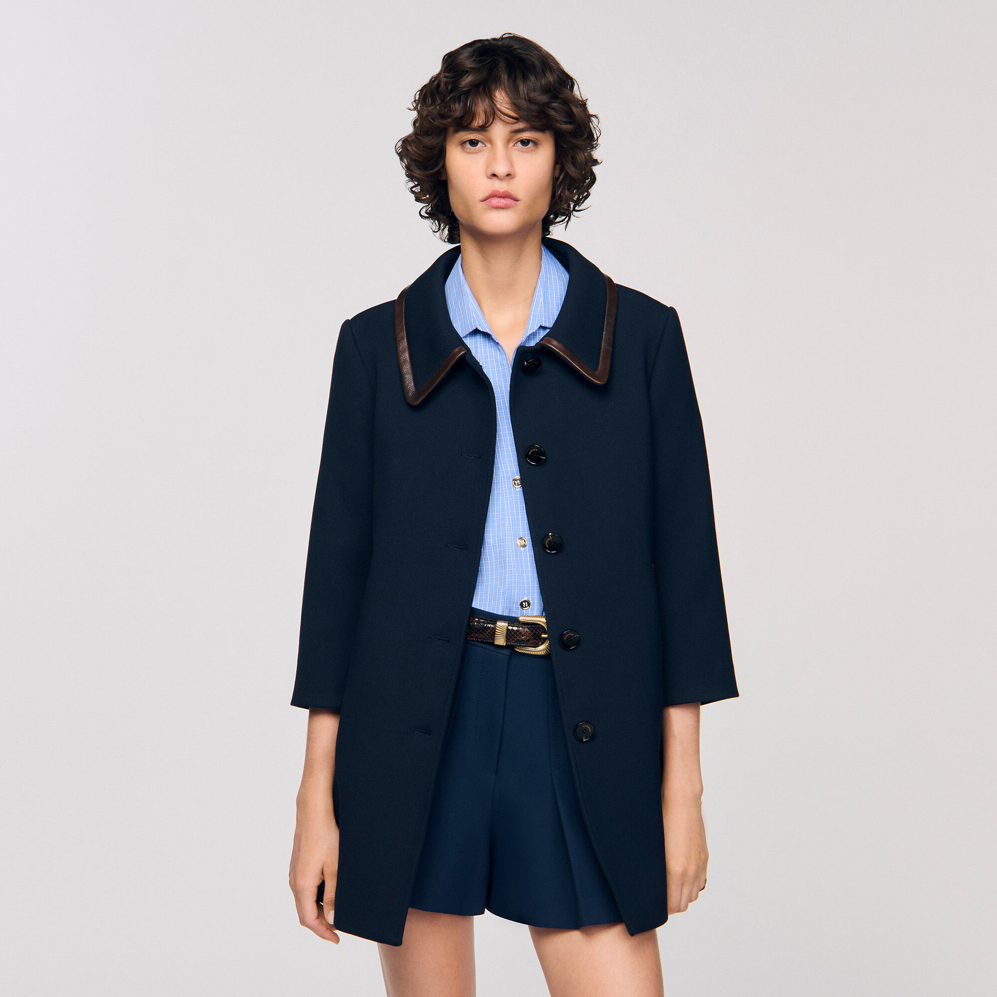 Leather trim coat