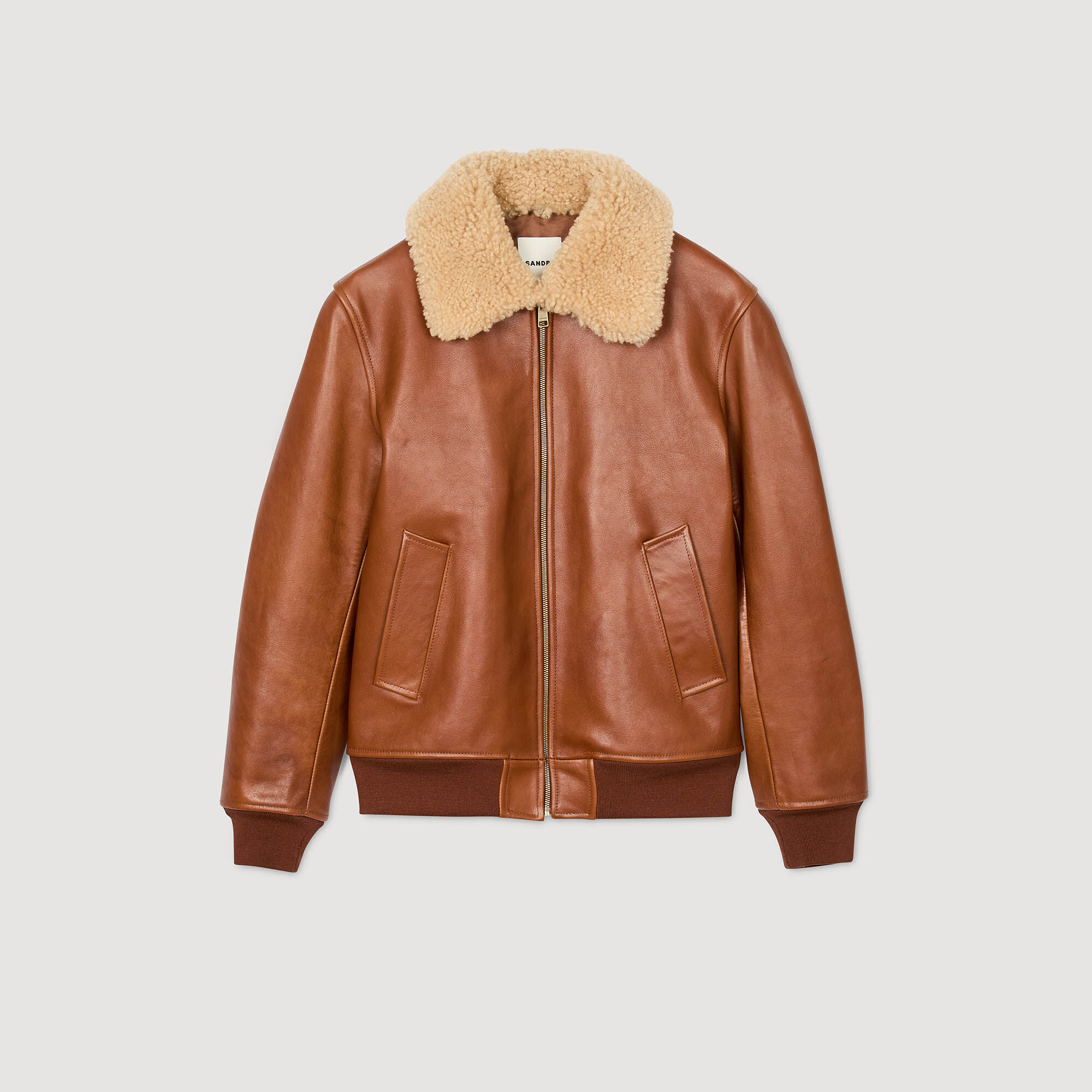 Leather jacket with shearling collar
