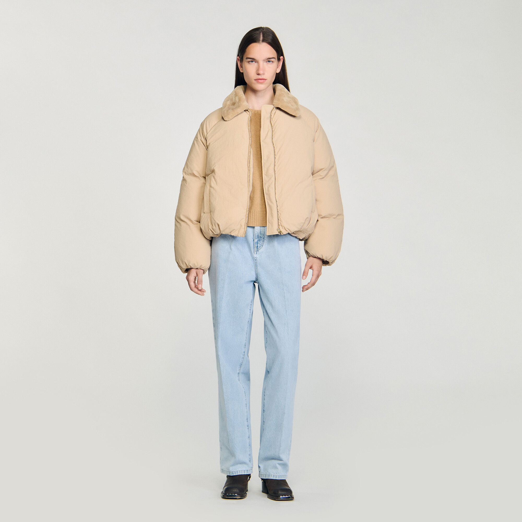 Puffer jacket with faux shearling collar