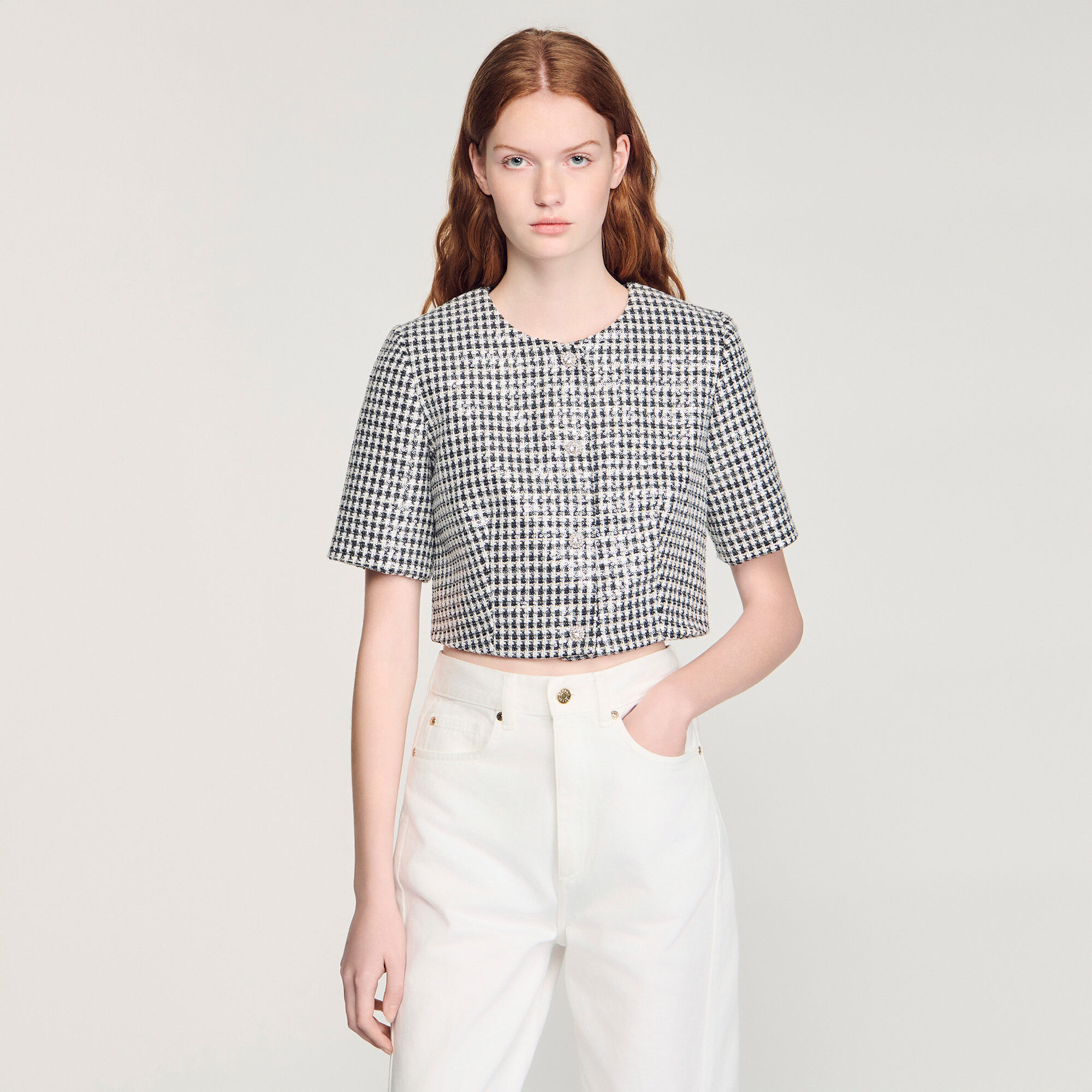 Cropped houndstooth tweed top