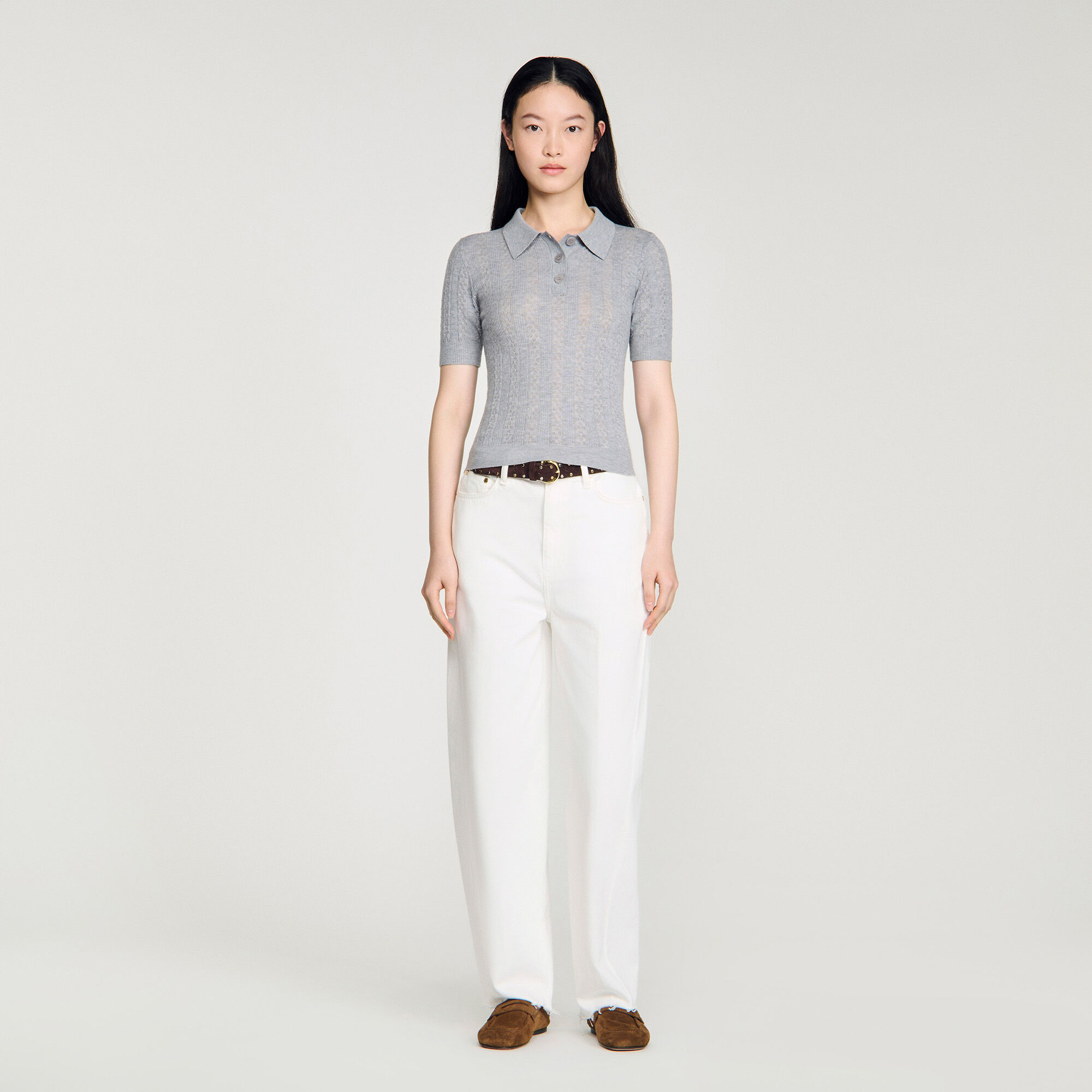 Pointelle polo-neck wool sweater