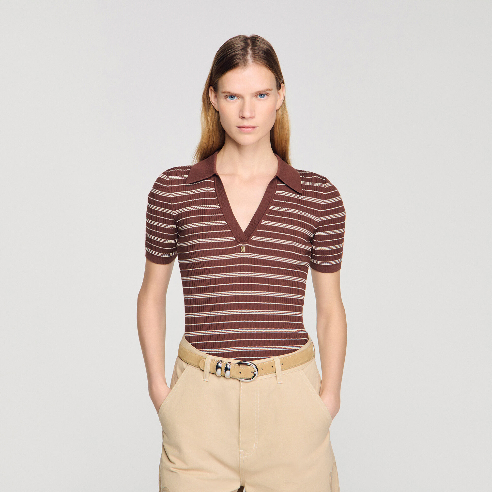 Striped V-neck polo sweater