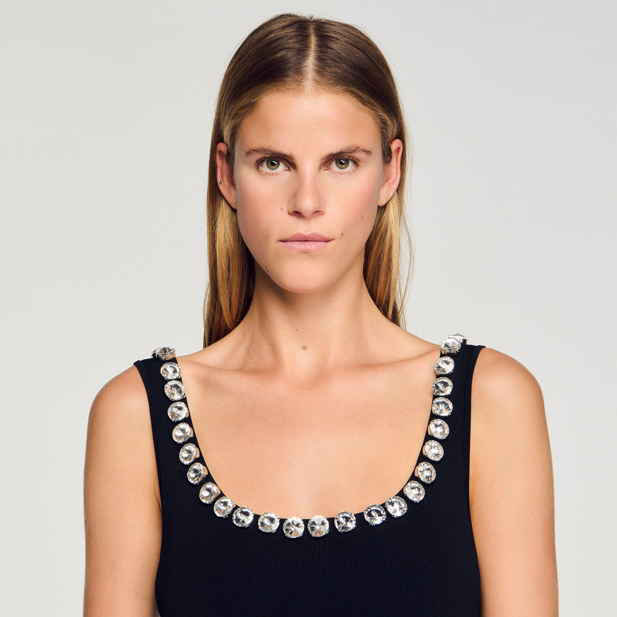 Mini dress with rhinestone neck